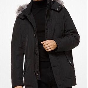 Michael Kors Men's Black Puffer Jacket with Faux Fur Hood